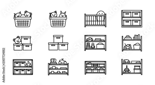 Obraz na płótnie Kids toy storage and nursery organization vector icon set featuring toys in baskets boxes and on shelving units for playroom tidying and childcare home interior concepts
