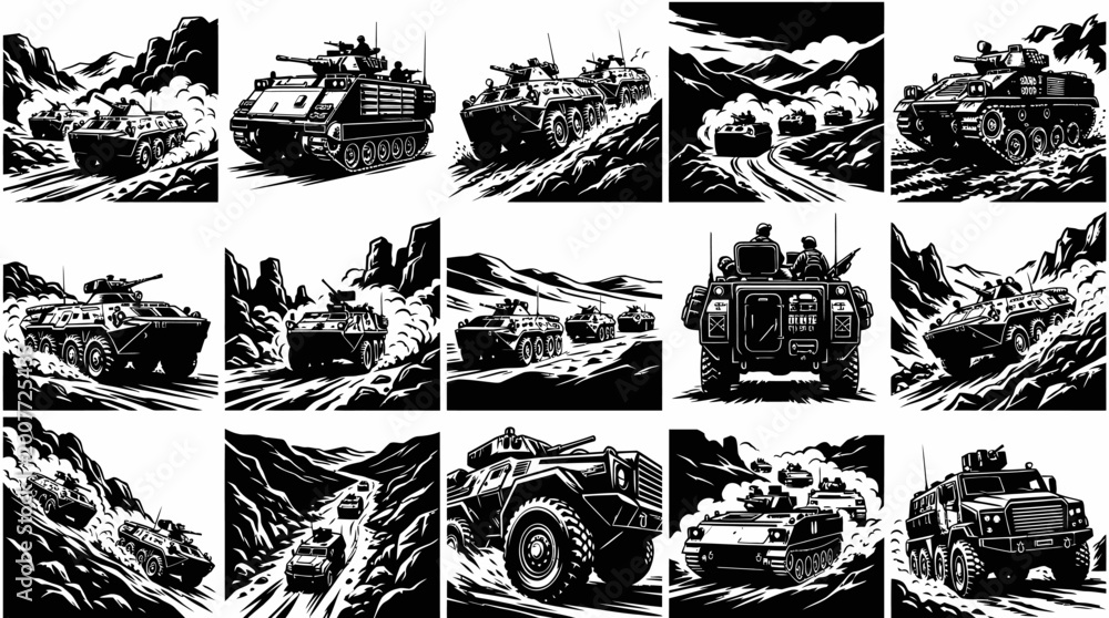 Obraz premium Military Armored Vehicles Vector Illustrations Set. Black and White Monochrome Line Art of Army Tanks, APCs, and Combat Trucks for Defense and Warfare Designs.