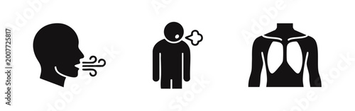 Foto A set of minimalist black icons depicting breathing, coughing, and lung anatomy, illustrating respiratory health, illness, and human physiology