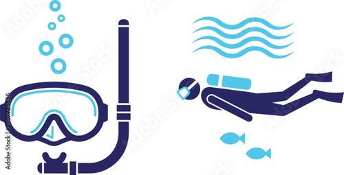Foto Snorkeling and Scuba Diving Vector Icons with Mask, Snorkel, Diver, and Underwat