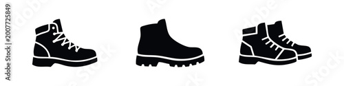 Bild auf Leinwand Set of minimalist black boot icons on white background, including hiking boots, work boots, and winter footwear for outdoor activities