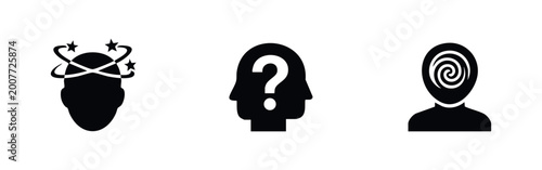 Tableau sur toile Collection of black vector icons depicting mental states: dizziness, confusion, identity crisis, and hypnosis on a clean white background