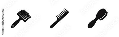 Bilde på lerret Minimalist set of black hairbrush and comb silhouette icons isolated on a white background
