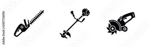 Fotografie Professional landscaping and garden power tool silhouettes including a hedge trimmer, string trimmer, and power saw on a clean white background