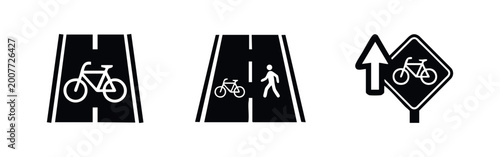 Foto Set of black and white icons representing bicycle lanes, shared pedestrian paths, and cycling route signage for urban transport and safety