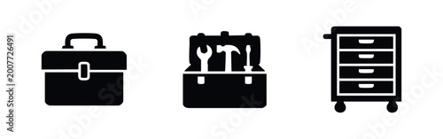 Schilderij op canvas Set of black toolbox and tool chest icons