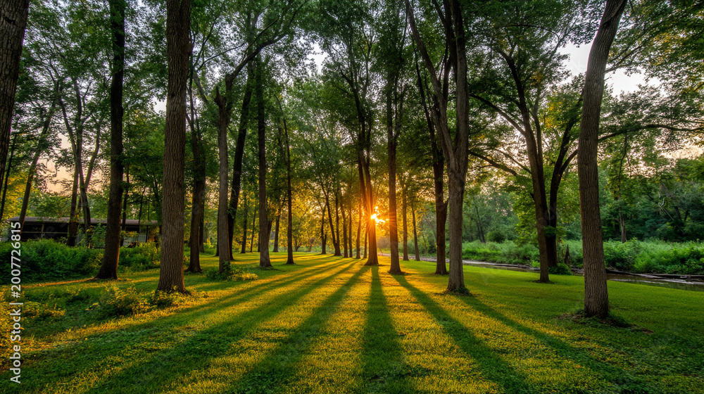 Obraz premium Sunlight streaming through a canopy of green trees casting long shadows on a grassy