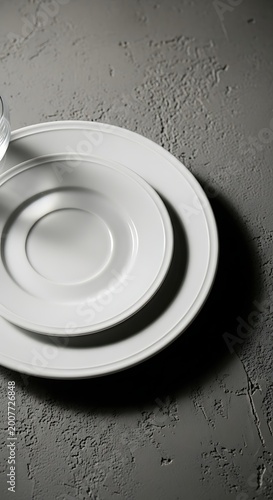 White plates on a gray surface, top view, minimalist composition.