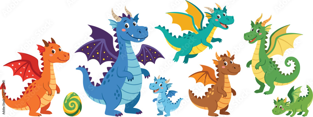 Obraz premium Cute cartoon dragon family set with flying and standing fantasy creatures colorful characters kids design flat vector illustration