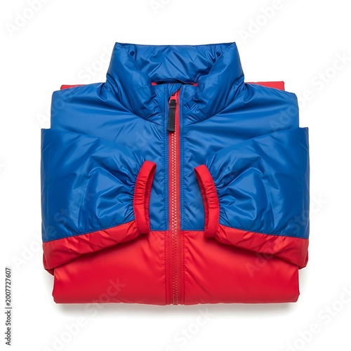 Folded Blue and Red Padded Jacket for Outdoor Activities.