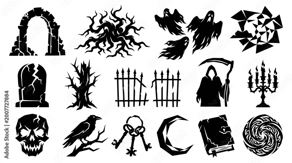 Naklejka premium Halloween Gothic Spooky Vector Icons Set. Black and White Silhouettes of Fantasy and Horror Elements: Reaper, Ghosts, Skull, Tombstone, Magic, Raven, Cemetery.