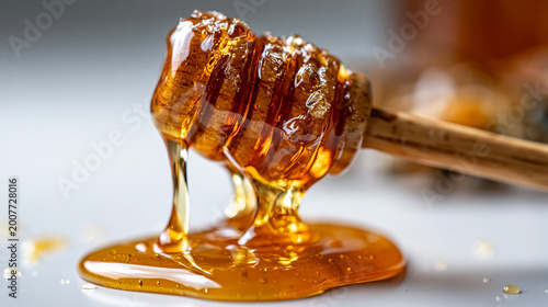 Sticky honey flowing from wooden honey stirrer with macro photography, food photography