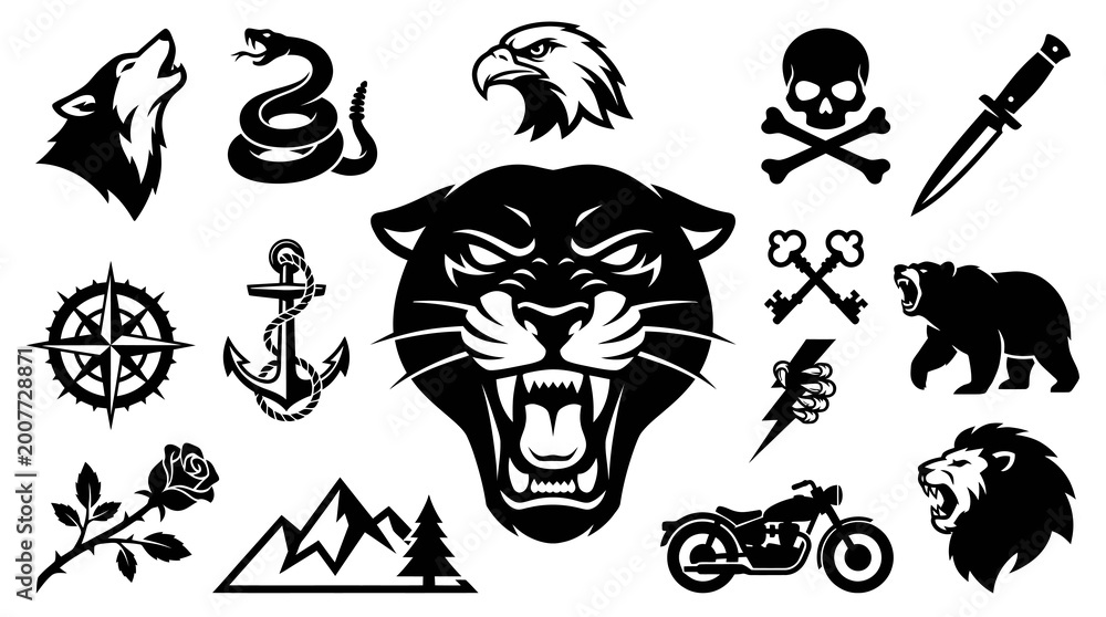 Fototapeta premium Black and white vector icons for tattoo art: wolf, snake, eagle, skull, dagger, panther, anchor, compass, rose, mountains, motorcycle, bear, lion, keys, lightning bolt