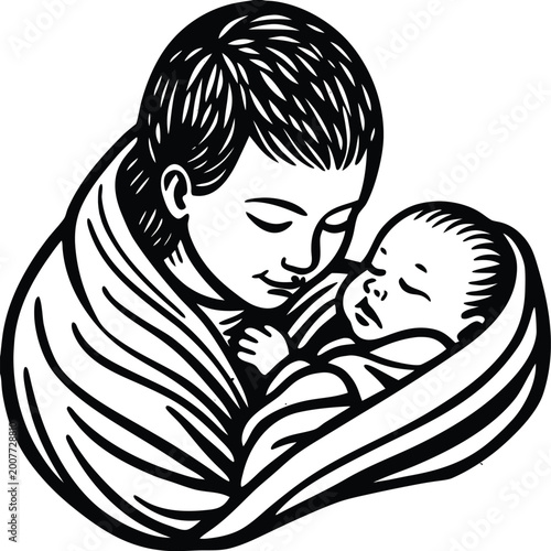 Foto Mother, baby, love, care, black and white, vector, illustration, parenting, infa