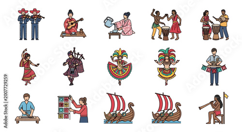 Diverse cultural icons with traditional costumes and musical instruments from around the world