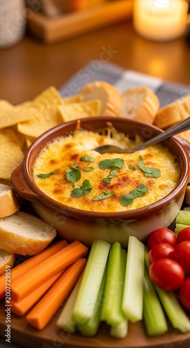 Delicious Baked Dip with Fresh Vegetables and Chips.