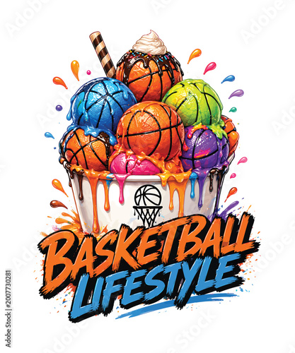 Basketball lifestyle concept with colorful melting ball scoops and whipped cream for sports print