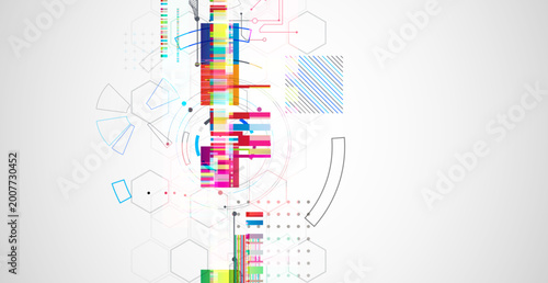 Abstract colorful background with different tech elements and lines. Color chaos. Vector illustration.