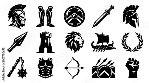 Ancient Warfare and Mythology Vector Glyph Icon Set: Spartan Warrior, Military Weapons, Armor, and Historical Symbols of Strength and Courage.