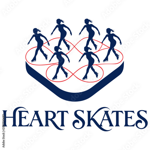Synchronized group of female figure skaters carving heart shapes on an ice rink