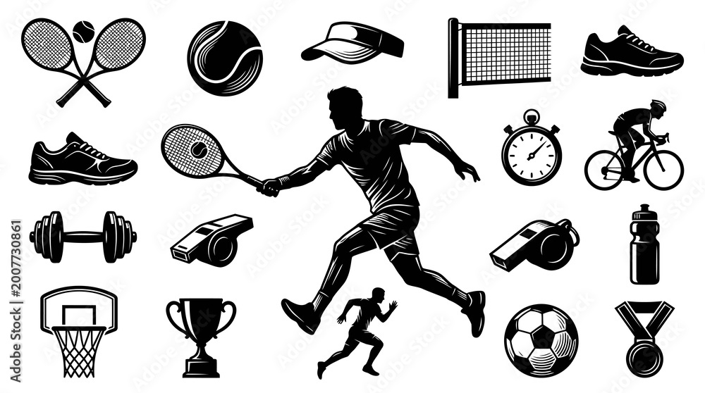 Fototapeta premium Monochrome Sports and Fitness Glyphs Icon Set: Athletes, Balls, Racquets, Gear for Training and Competition