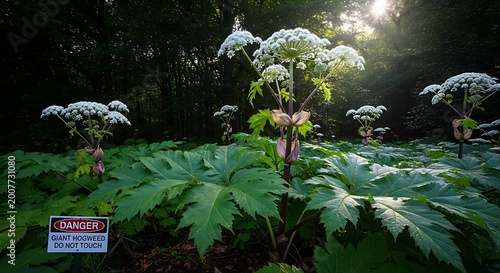 Giant Hogweed Plants in Sunlight with Danger Sign.