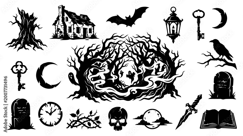 Obraz premium Spooky Halloween Silhouette Icons: Haunted House, Bat, Raven, Skull, Tombstone, Key, Moon