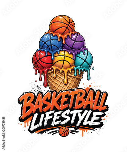 Colorful basketball lifestyle ice cream cone vector illustration for sports apparel design