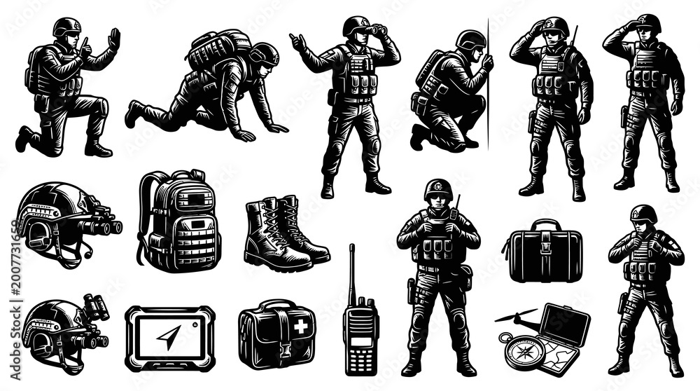 Naklejka premium Black and White Line Art of Military Soldiers, Equipment, and Gear for Security and Tactical Themes