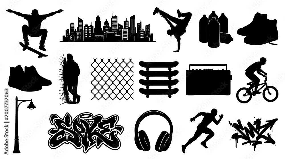 Naklejka premium Urban Street Culture Black Silhouette Vector Icon Set: Skateboarder, Graffiti, Breakdancer, BMX, Cityscape, Headphones, Spray Cans, Sneakers Lifestyle Elements.
