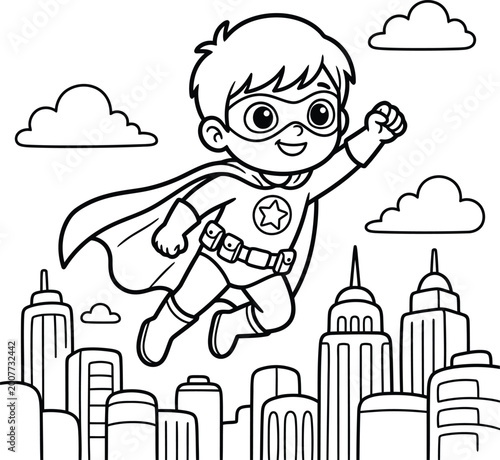 Superhero boy flying over city with clouds, a detailed black and white line art for coloring.