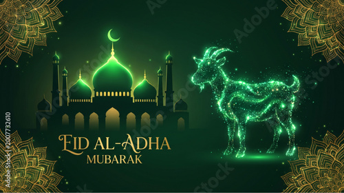 Radiant Eid Al Adha Mubarak background with glowing mosque and sacrificial animal silhouette, celebrating Islamic festival joy and tradition