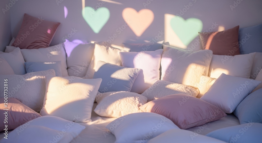 Obraz premium Cozy corner with many soft pillows and heart-shaped light projections on the wall