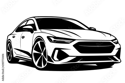 Black and white illustration of a modern car with sleek design and sporty wheels on a clean background for automotive or transportation concepts