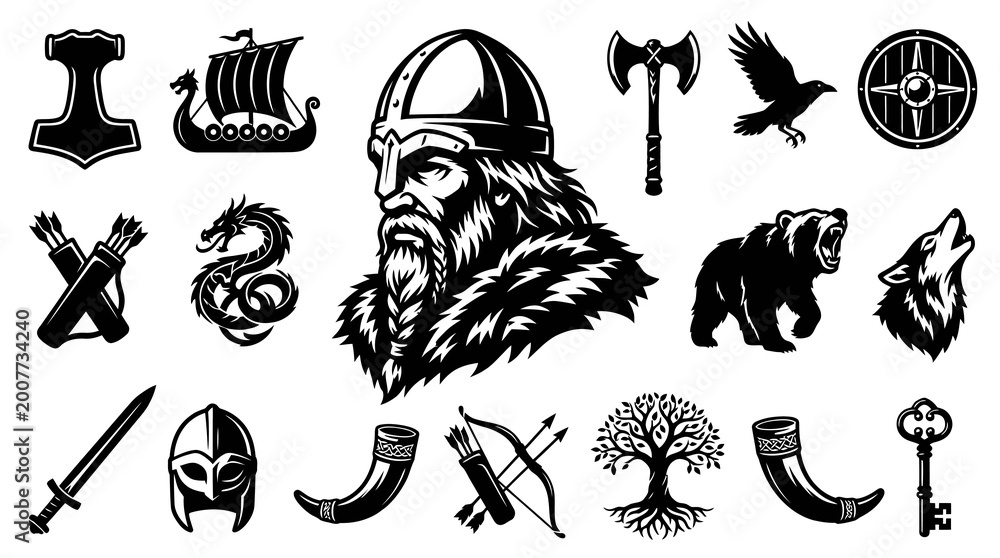Naklejka premium Viking and Norse Mythology Symbols Set. Stylized Black White Vector Icons Collection for History and Culture Designs.