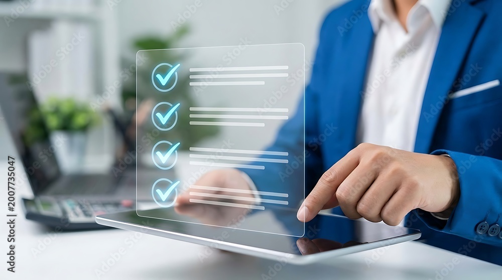 Fototapeta premium Person checking off items on a digital checklist using a tablet device with task list checklist completion completed approved