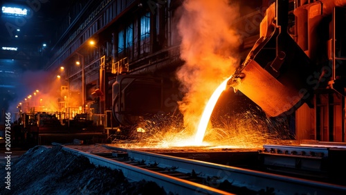 Molten metal stream pours with brilliant sparks in a glowing industrial steel production plant