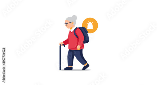 Elderly man hiking with walking stick.