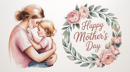 Mother's day illustration of a mother hugging her child with a floral wreath and happy mother's day text