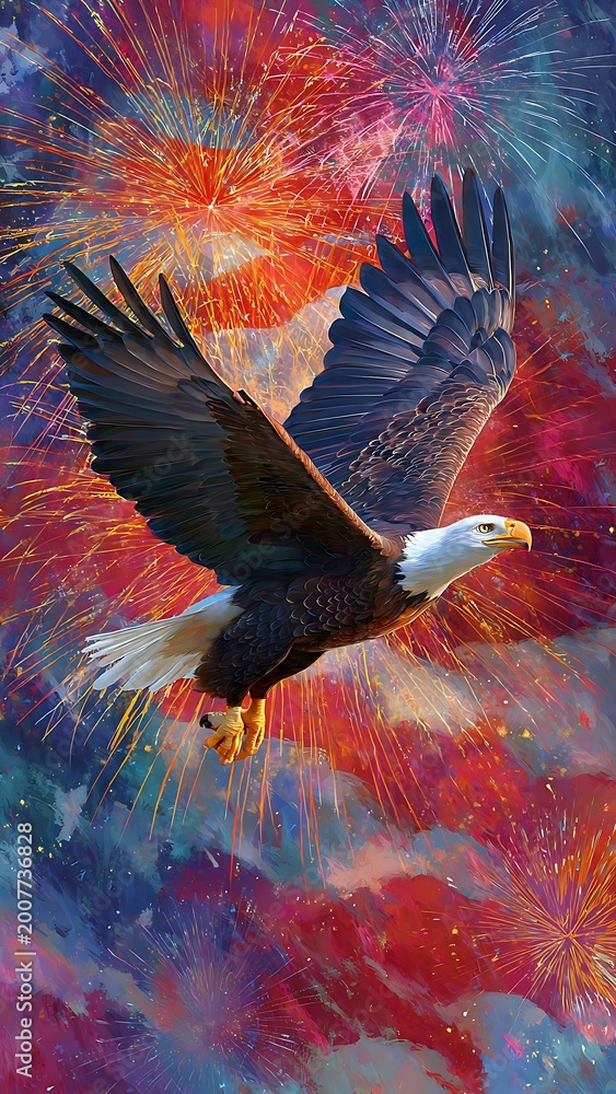 Fototapeta premium Bald eagle flying in front of vibrant fireworks display on 4th of July usa 250 years celebration