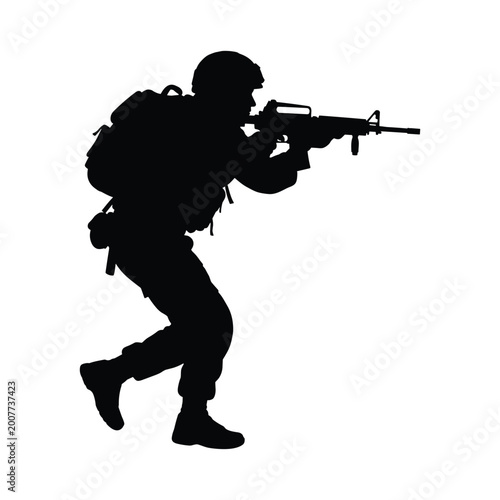 Fotografi Silhouette illustration of infantry soldier holding weapon in combat gear vector design