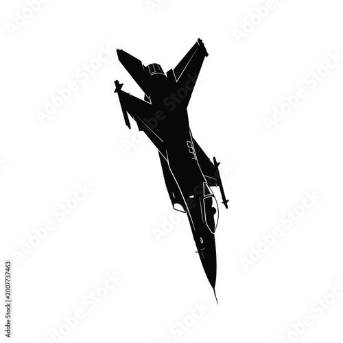 Schilderij op canvas Single tactical fighter jet descending fast silhouette illustration vector line art style