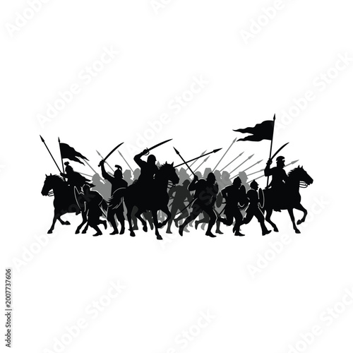 Photos Warriors on horseback silhouette in battle, vector illustration.