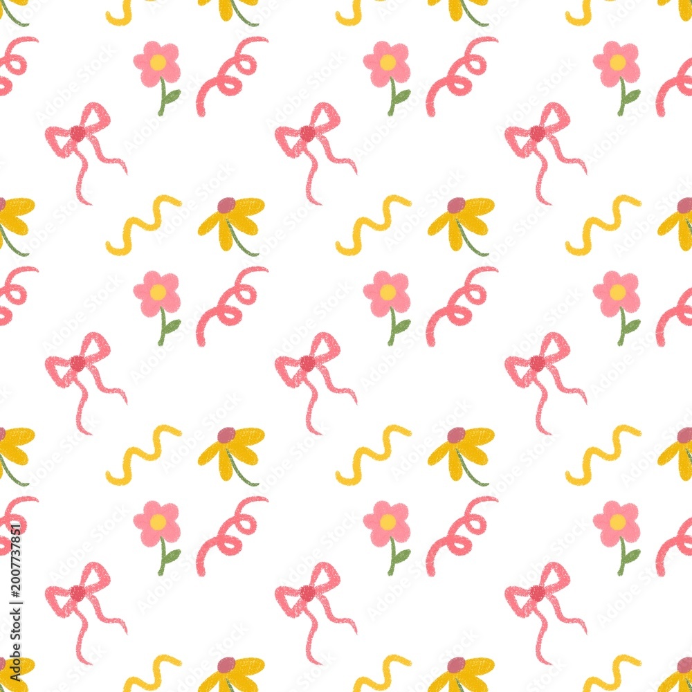 Obraz premium Seamless pattern with pink ribbon and flower handdrawn illustration. Best for backdrop, background, wallpaper, kids or baby design in summer or spring theme 