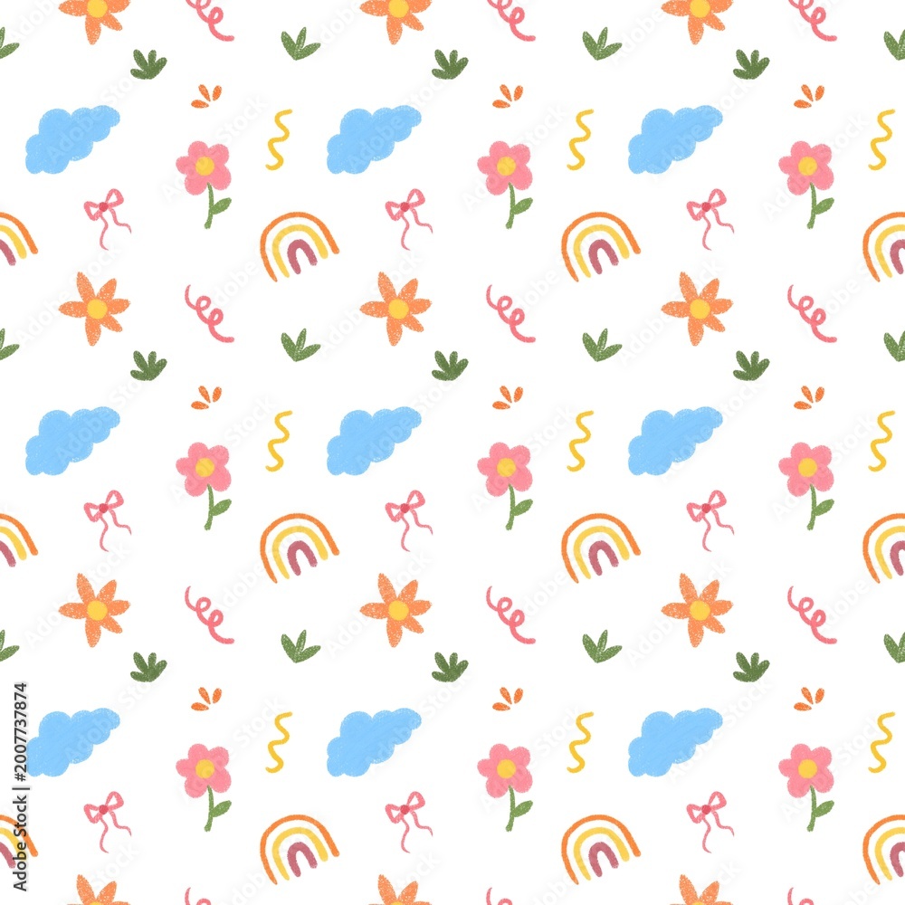 Fototapeta premium Seamless pattern with rainbow, cloud, flower, ribbon, and leaves handdrawn illustration. Best for backdrop, background, wallpaper, kids or baby design in summer or spring theme 