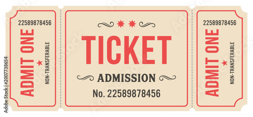 Fotografía Vintage ticket stub with admit one text and perforated edges | Retro raffle coup