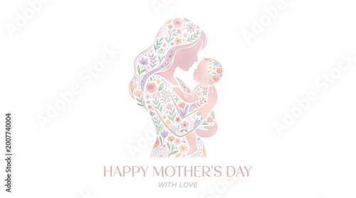 Mother and Child Floral Illustration with Soft Pastel Colors Elegant Motherhood Love Concept Design