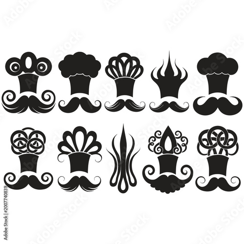 vintage chef hats with curly mustaches silhouette vector on a white background