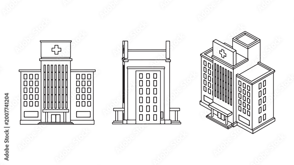 Naklejka premium Hospital building outline set with medical cross icon in front and isometric perspective