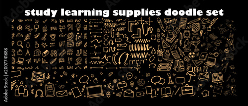 Study and learning supplies doodle set, hand drawn school tools, books, and education icons collection for academic design vector